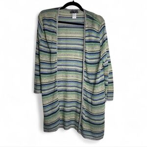 212 New York Crochet Knit Cardigan XL Blue Green Lightweight Boho